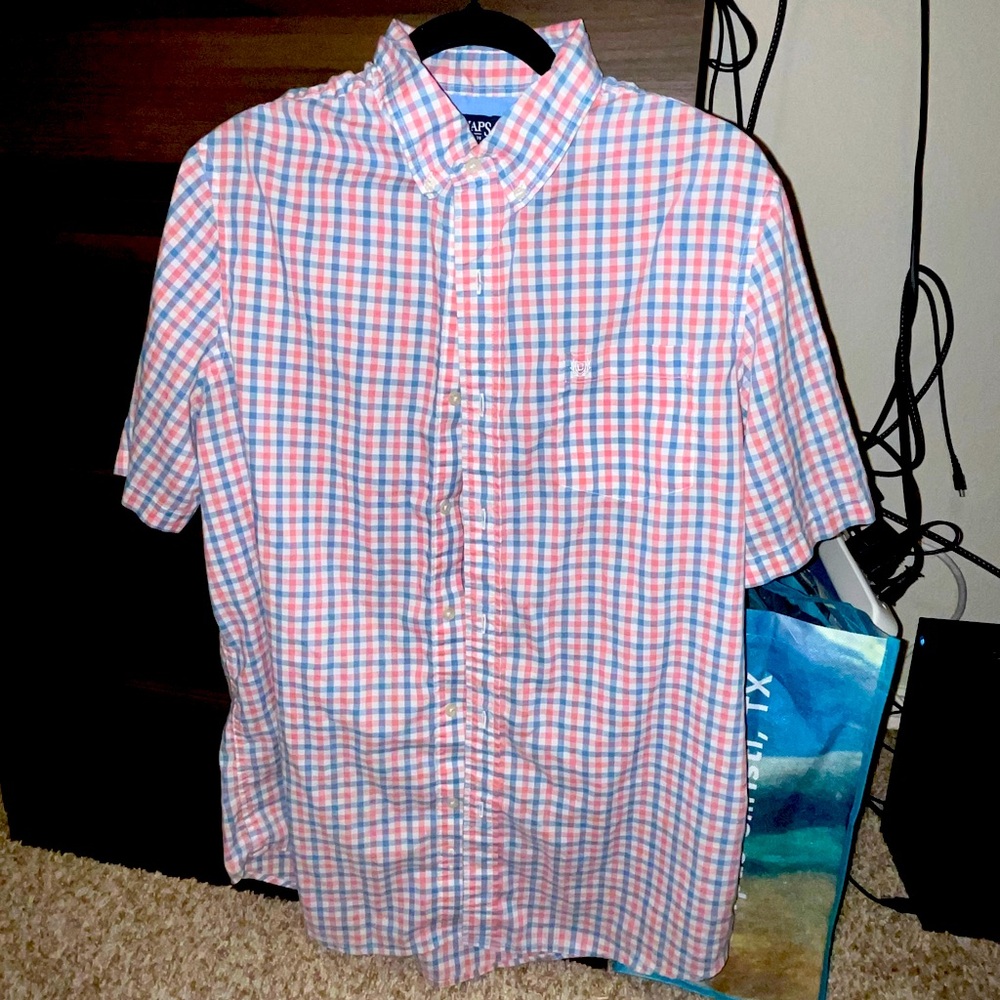 Chaps Men's Button Down Shirt - Light Blue and Pink Checkered
